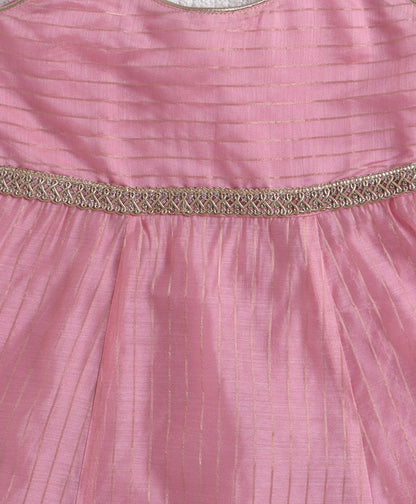 The Magic Wand Woven Shoulder Tie-Up Laced Stripe Kurti And Pant Set With Dupatta - Pink