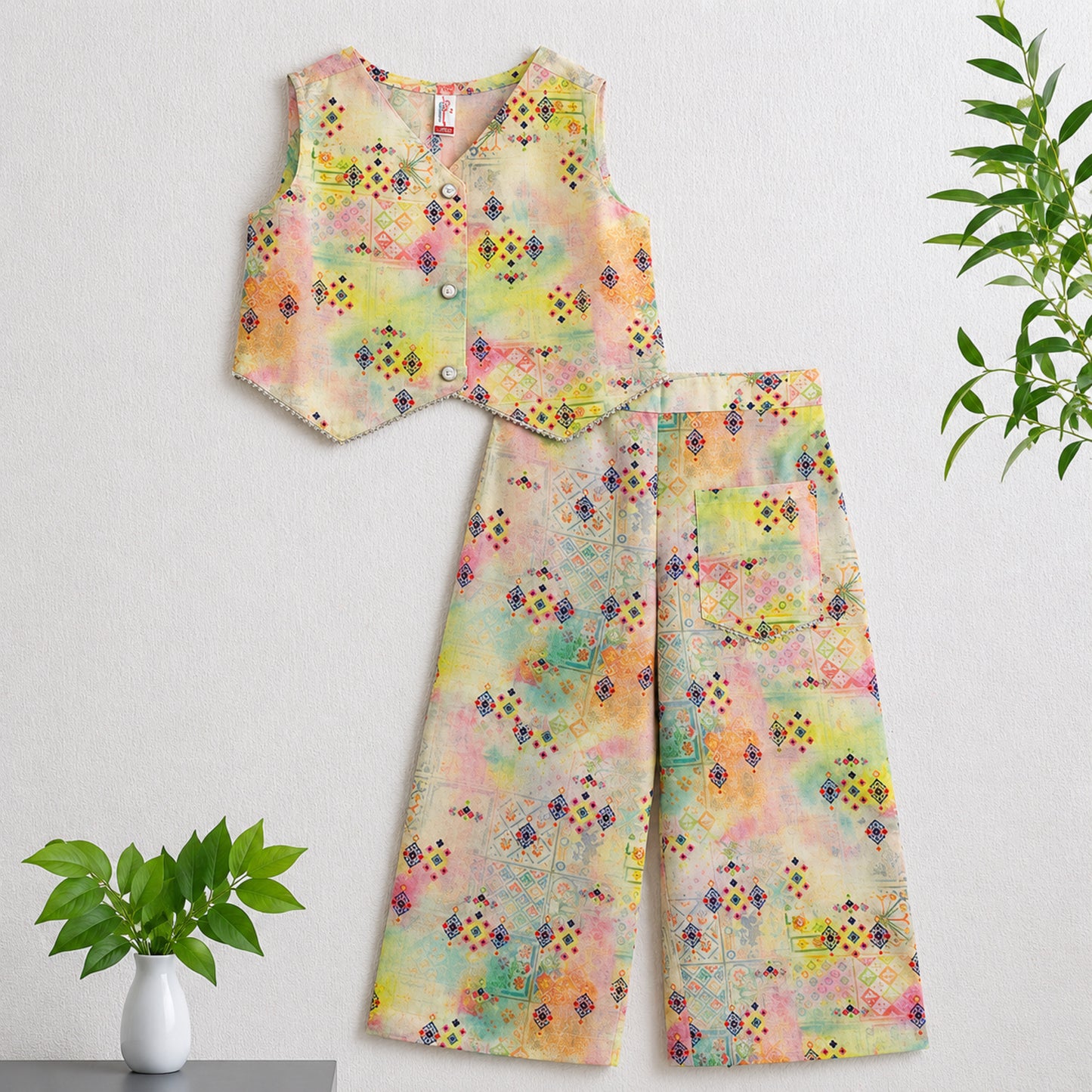 The Magic Wand Woven Sleeveless Watercolour Wash Printed Top And Pant With Patch Pocket- Multicolor
