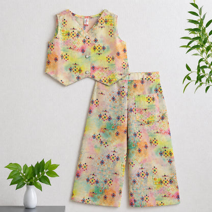 The Magic Wand Woven Sleeveless Watercolour Wash Printed Top And Pant With Patch Pocket- Multicolor