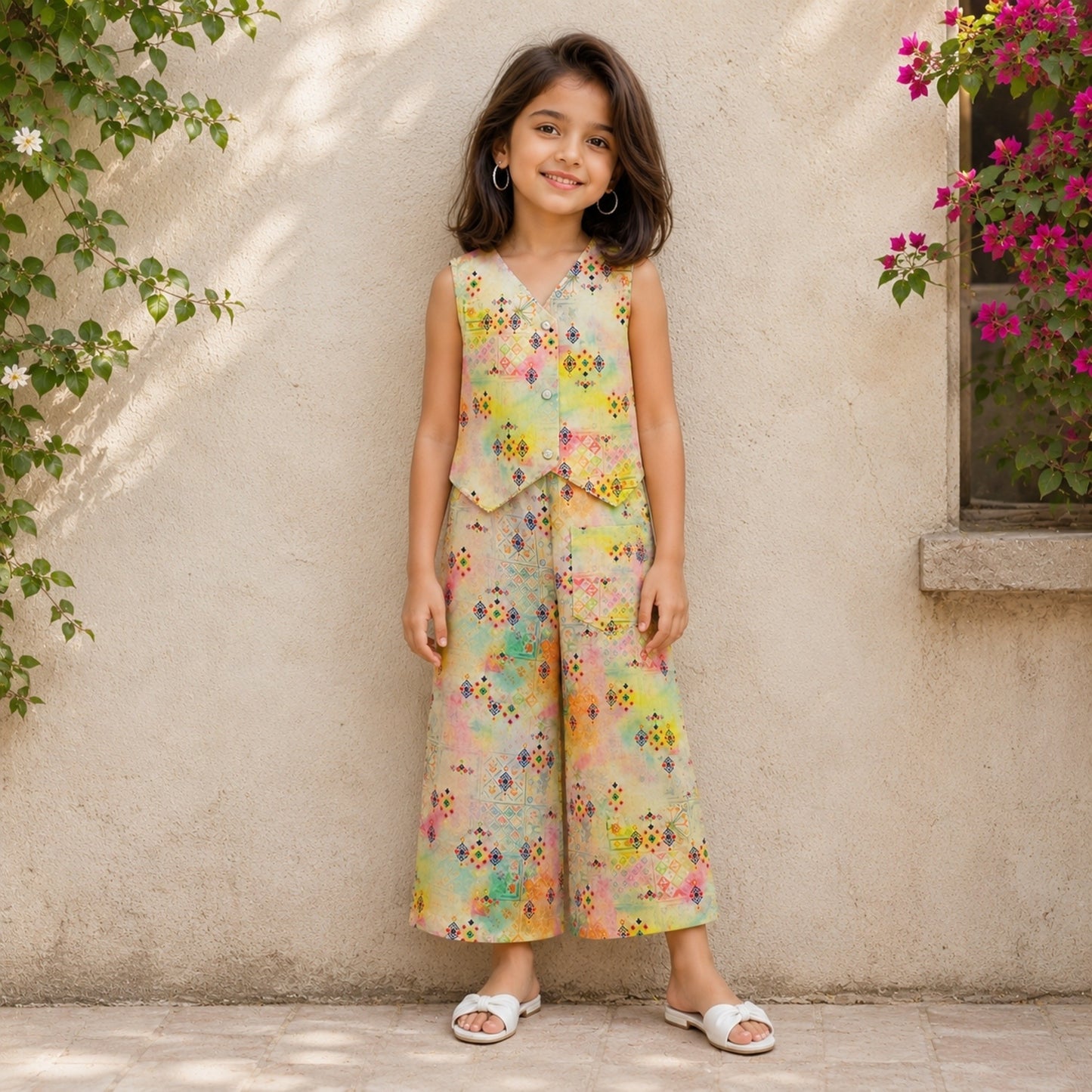The Magic Wand Woven Sleeveless Watercolour Wash Printed Top And Pant With Patch Pocket- Multicolor