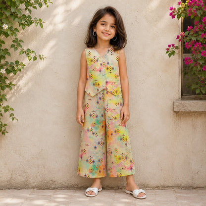The Magic Wand Woven Sleeveless Watercolour Wash Printed Top And Pant With Patch Pocket- Multicolor