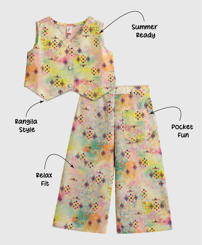 The Magic Wand Woven Sleeveless Watercolour Wash Printed Top And Pant With Patch Pocket- Multicolor