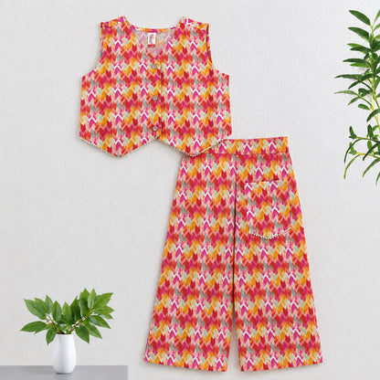 The Magic Wand Woven Sleeveless Colourful Zig Zag Printed Top And Pant With Patch Pocket -Orange