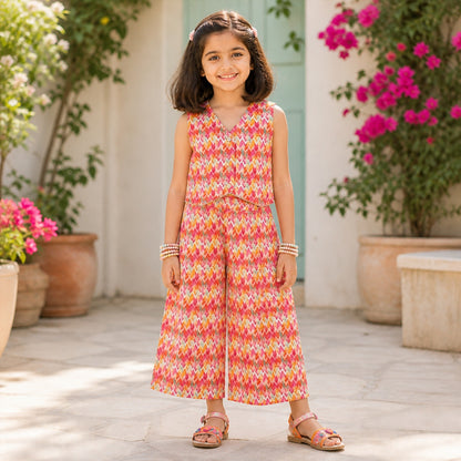 The Magic Wand Woven Sleeveless Colourful Zig Zag Printed Top And Pant With Patch Pocket -Orange