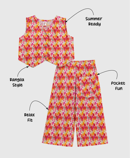 The Magic Wand Woven Sleeveless Colourful Zig Zag Printed Top And Pant With Patch Pocket -Orange