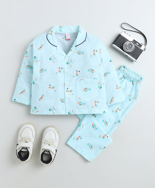 Cotton Woven Full Sleeves Helicopter Printed Coordinating Night Suit Set-Blue