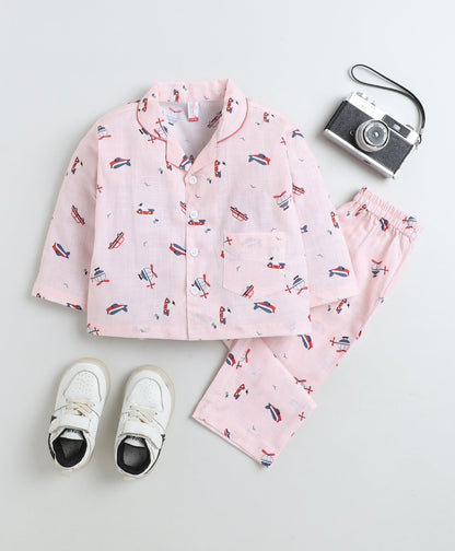 Cotton Woven Full Sleeves Helicopter Printed Coordinating Night Suit Set-Peach