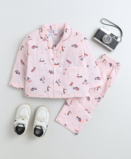 Cotton Woven Full Sleeves Helicopter Printed Coordinating Night Suit Set-Peach
