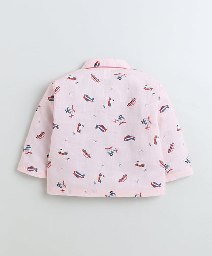 Cotton Woven Full Sleeves Helicopter Printed Coordinating Night Suit Set-Peach