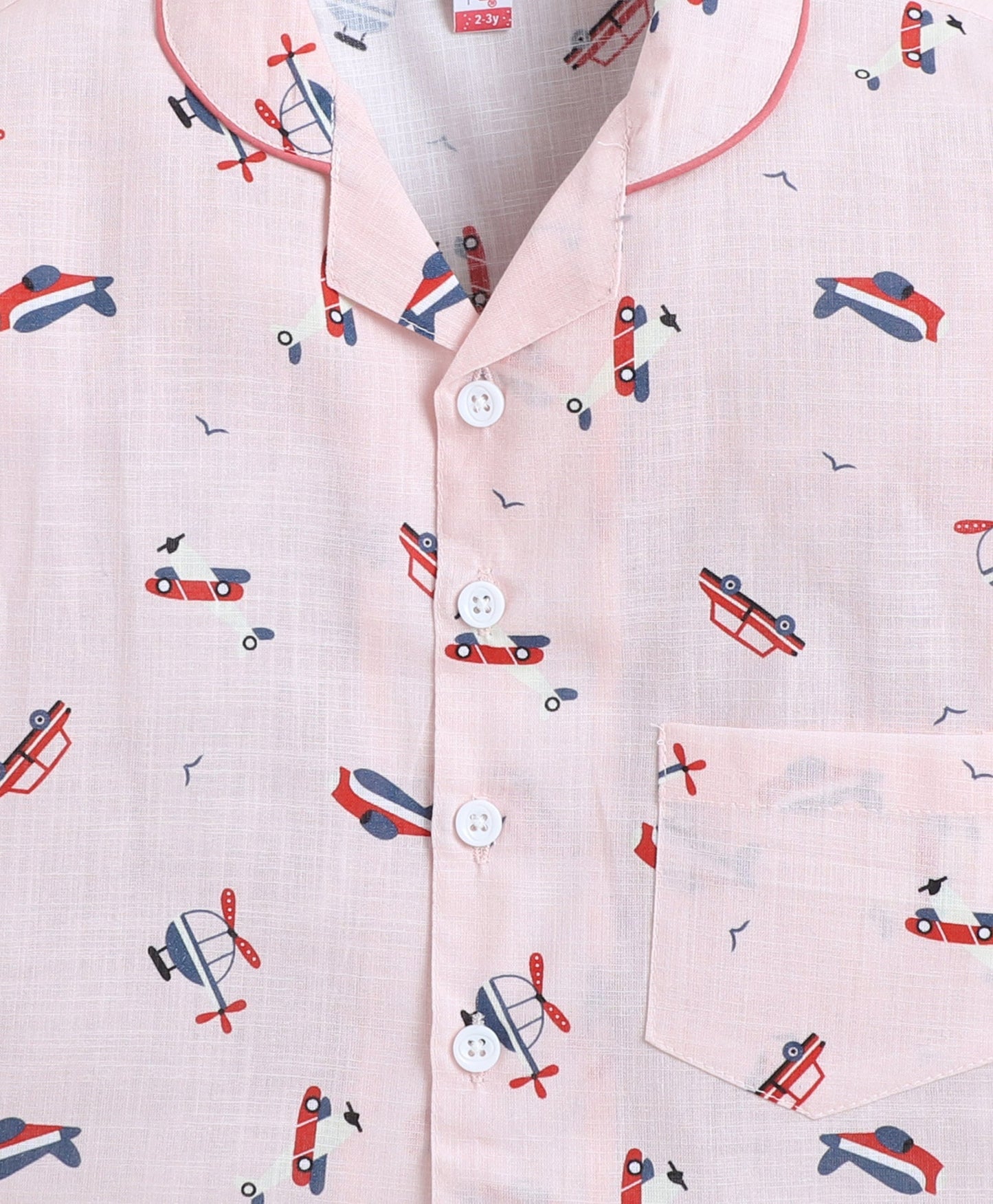 Cotton Woven Full Sleeves Helicopter Printed Coordinating Night Suit Set-Peach