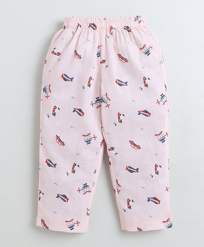 Cotton Woven Full Sleeves Helicopter Printed Coordinating Night Suit Set-Peach