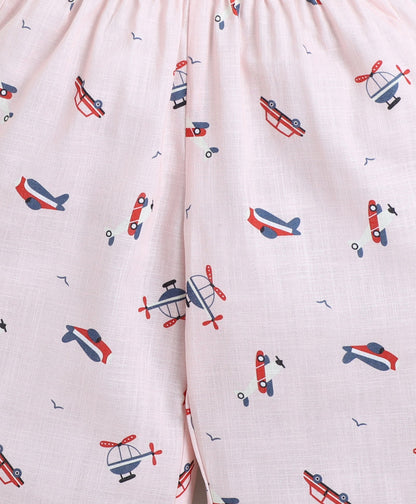 Cotton Woven Full Sleeves Helicopter Printed Coordinating Night Suit Set-Peach