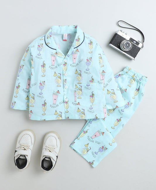 Cotton Woven Full Sleeves Juice Printed Coordinating Night Suit Set-Blue