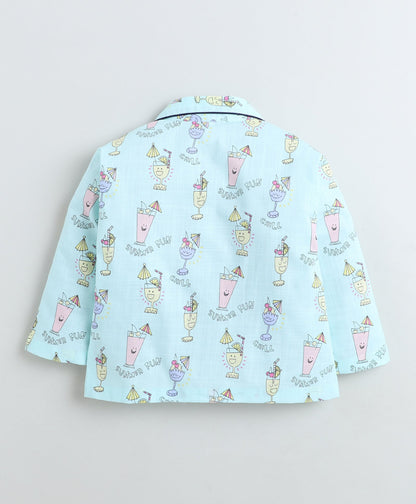 Cotton Woven Full Sleeves Juice Printed Coordinating Night Suit Set-Blue