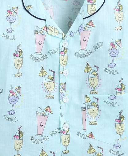 Cotton Woven Full Sleeves Juice Printed Coordinating Night Suit Set-Blue