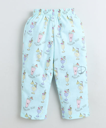Cotton Woven Full Sleeves Juice Printed Coordinating Night Suit Set-Blue