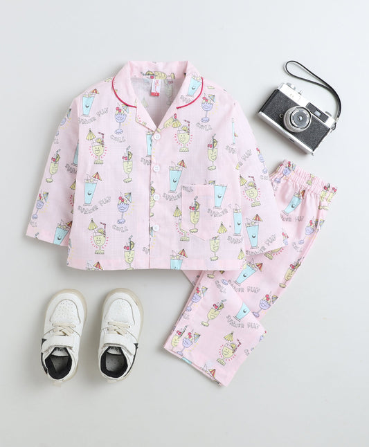 Cotton Woven Full Sleeves Juice Printed Coordinating Night Suit Set-Pink