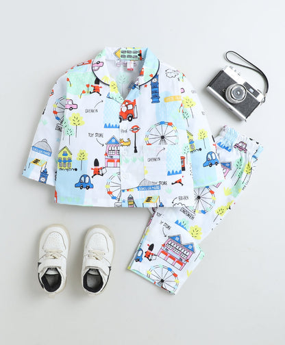 Cotton Woven Full Sleeves Vehicle Printed Coordinating Night Suit Set-White