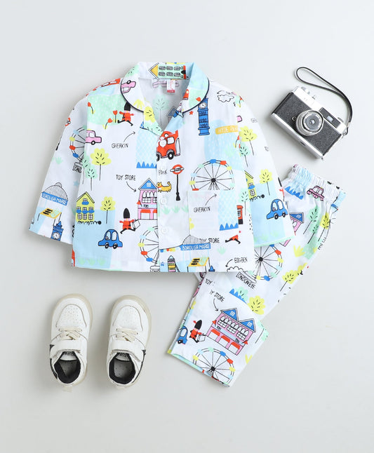 Cotton Woven Full Sleeves Vehicle Printed Coordinating Night Suit Set-White