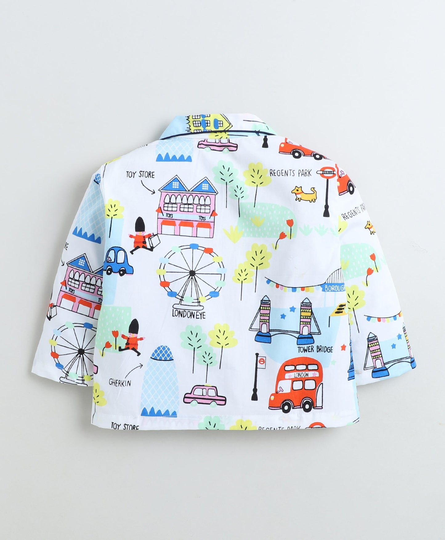 Cotton Woven Full Sleeves Vehicle Printed Coordinating Night Suit Set-White