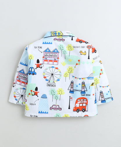 Cotton Woven Full Sleeves Vehicle Printed Coordinating Night Suit Set-White