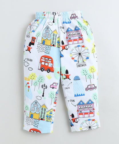 Cotton Woven Full Sleeves Vehicle Printed Coordinating Night Suit Set-White