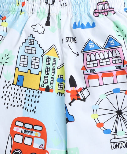 Cotton Woven Full Sleeves Vehicle Printed Coordinating Night Suit Set-White