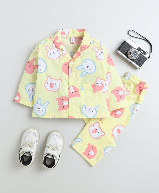 Cotton Woven Full Sleeves Bunny Printed Coordinating Night Suit Set-Yellow