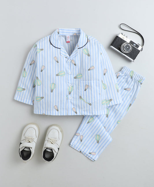 Cotton Woven Full Sleeves Striped Parachute Printed Coordinating Night Suit Set-Blue