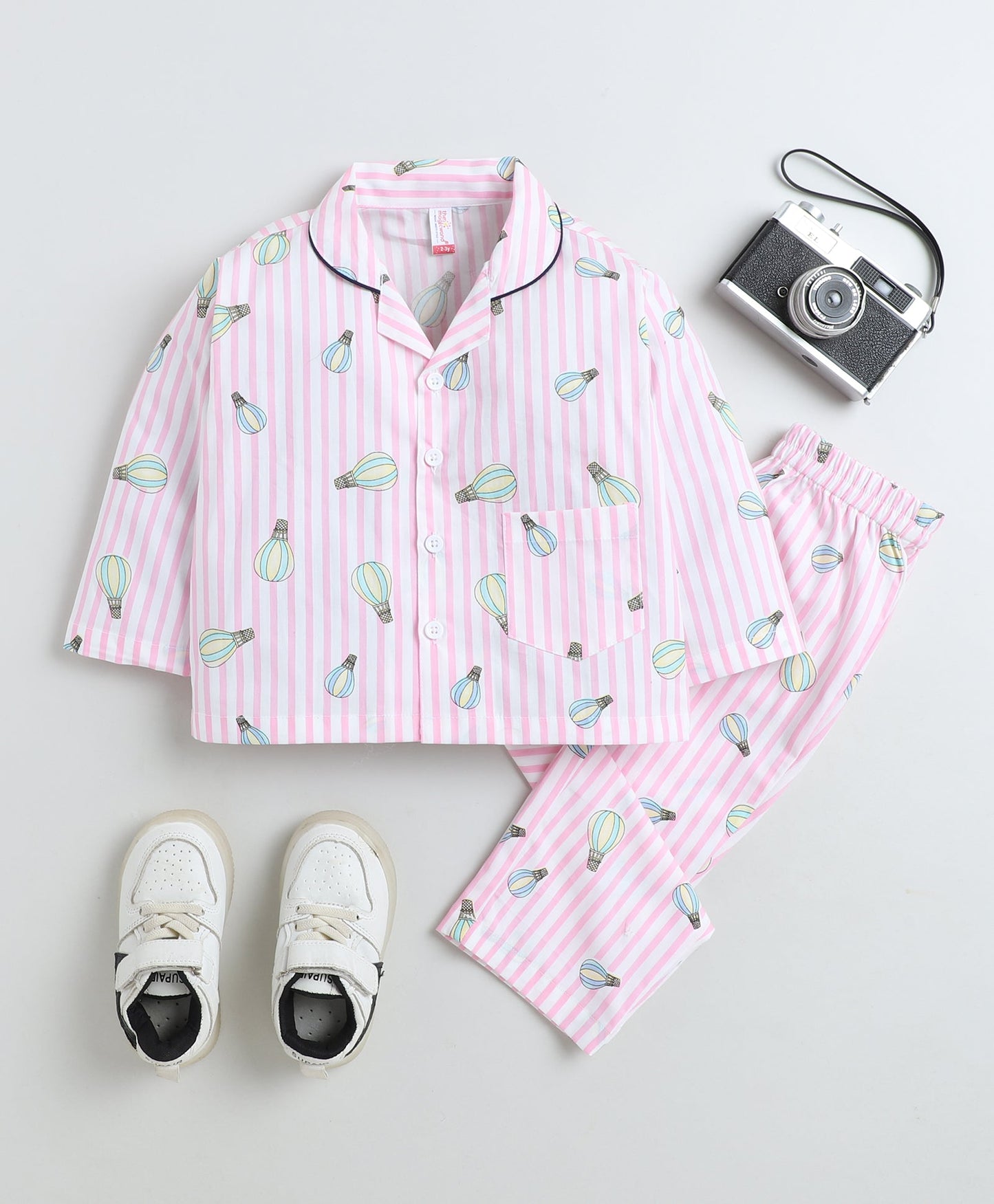 Cotton Woven Full Sleeves Striped Parachute Printed Coordinating Night Suit Set-Pink