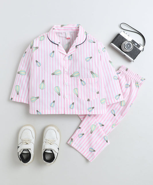 Cotton Woven Full Sleeves Striped Parachute Printed Coordinating Night Suit Set-Pink