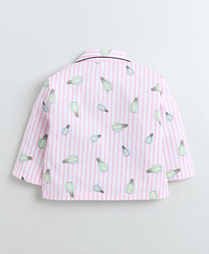 Cotton Woven Full Sleeves Striped Parachute Printed Coordinating Night Suit Set-Pink