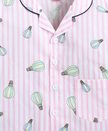 Cotton Woven Full Sleeves Striped Parachute Printed Coordinating Night Suit Set-Pink