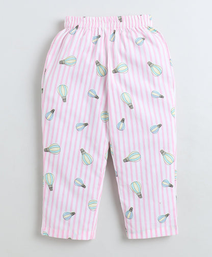 Cotton Woven Full Sleeves Striped Parachute Printed Coordinating Night Suit Set-Pink