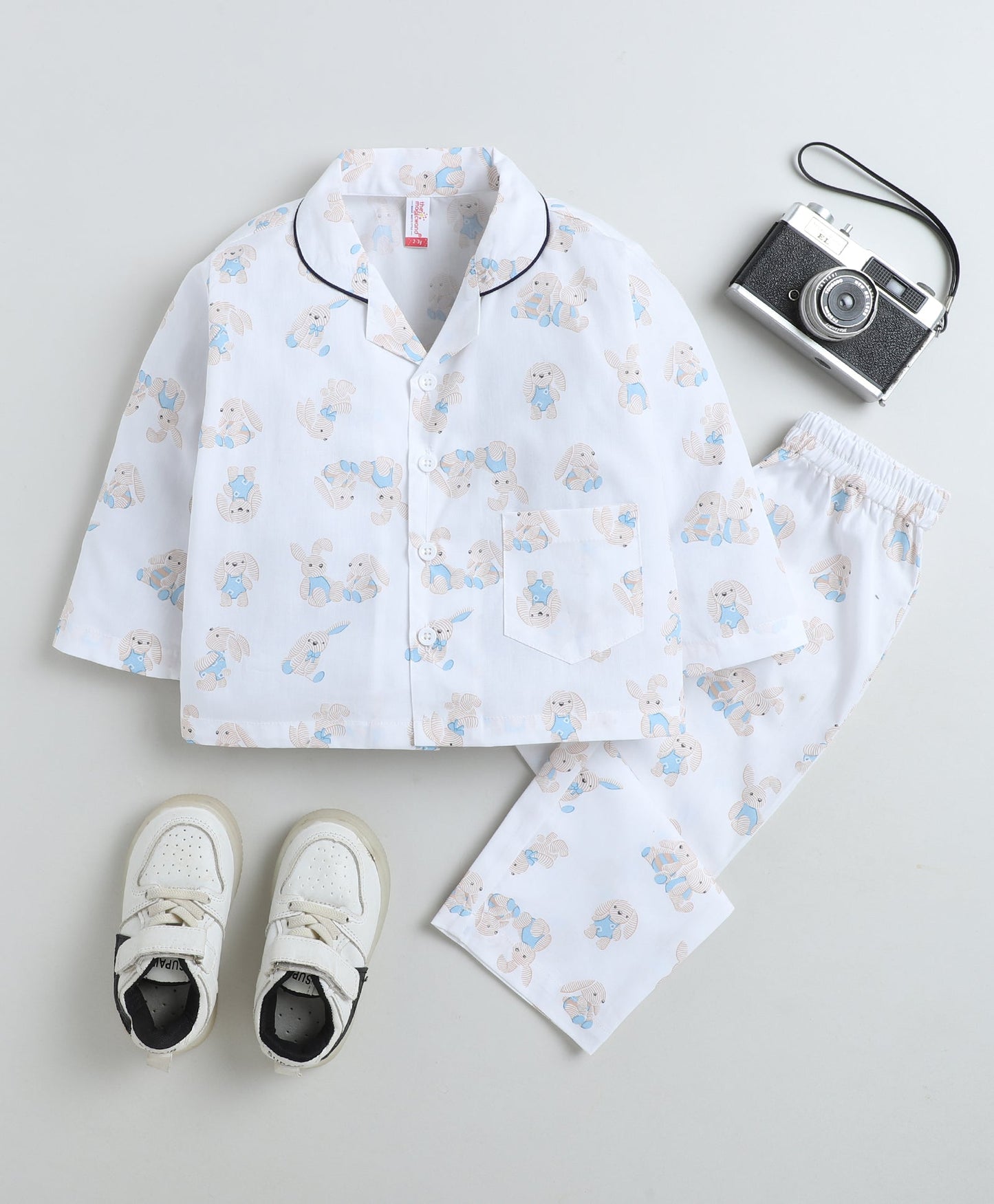 Cotton Woven Full Sleeves Bunny Printed Coordinating Night Suit Set-White