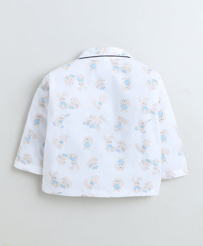 Cotton Woven Full Sleeves Bunny Printed Coordinating Night Suit Set-White