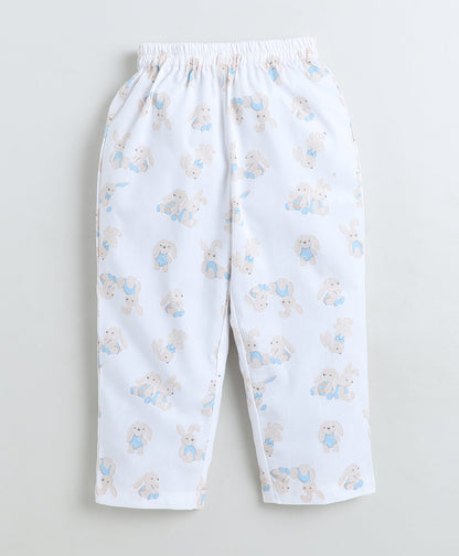 Cotton Woven Full Sleeves Bunny Printed Coordinating Night Suit Set-White