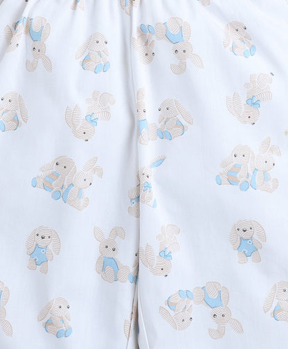 Cotton Woven Full Sleeves Bunny Printed Coordinating Night Suit Set-White