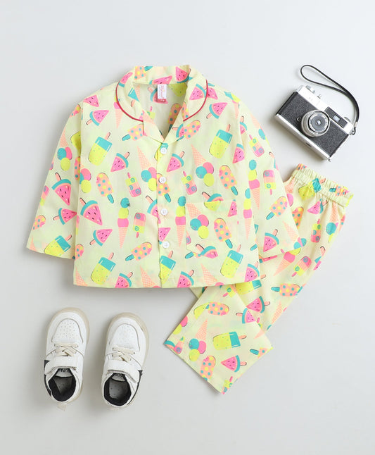 Cotton Woven Full Sleeves Ice Cream Candy Printed Coordinating Night Suit Set-Yellow