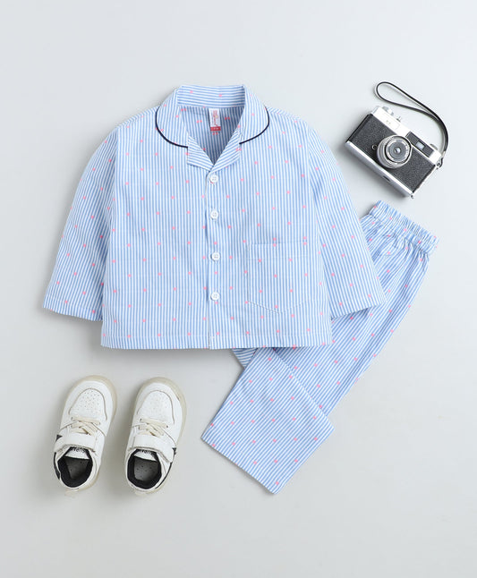 Cotton Woven Full Sleeves Striped Polka Dots Printed Coordinating Night Suit Set-Blue