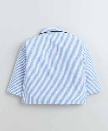Cotton Woven Full Sleeves Striped Polka Dots Printed Coordinating Night Suit Set-Blue