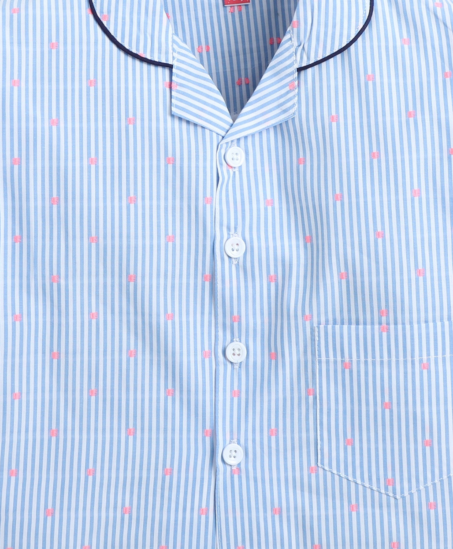 Cotton Woven Full Sleeves Striped Polka Dots Printed Coordinating Night Suit Set-Blue