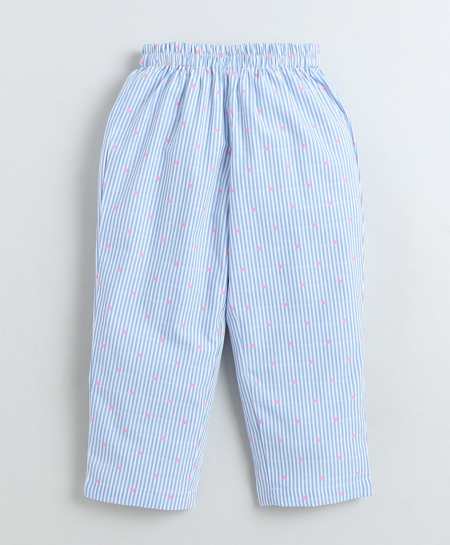 Cotton Woven Full Sleeves Striped Polka Dots Printed Coordinating Night Suit Set-Blue