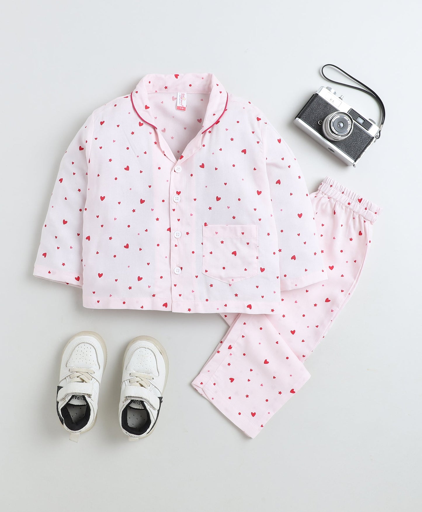 Rayon Woven Full Sleeves Heart Printed Coordinating Night Suit Set-Pink