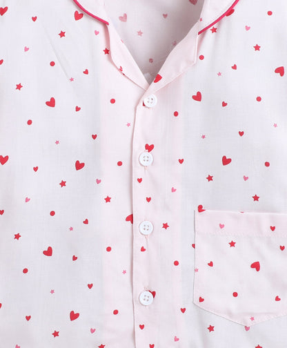 Rayon Woven Full Sleeves Heart Printed Coordinating Night Suit Set-Pink