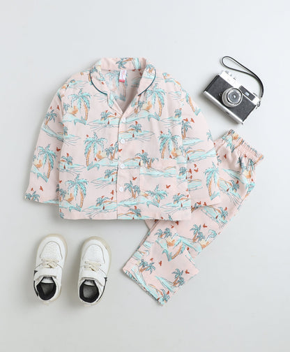 Rayon Woven Full Sleeves Trees Printed Coordinating Night Suit Set-Peach