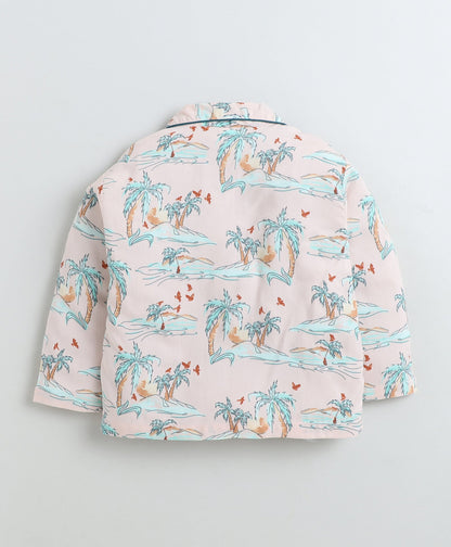 Rayon Woven Full Sleeves Trees Printed Coordinating Night Suit Set-Peach