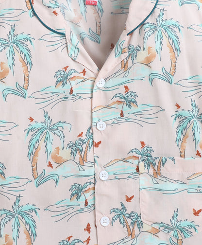 Rayon Woven Full Sleeves Trees Printed Coordinating Night Suit Set-Peach