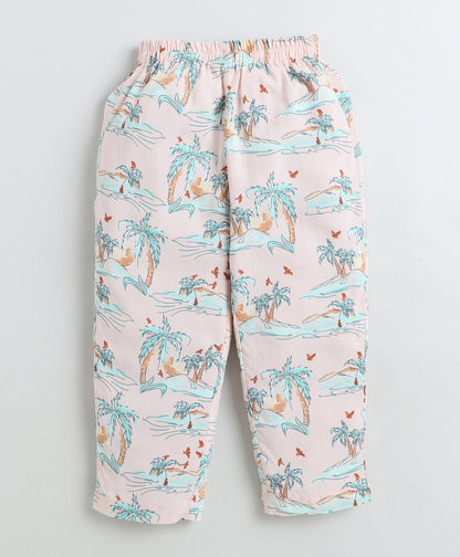 Rayon Woven Full Sleeves Trees Printed Coordinating Night Suit Set-Peach