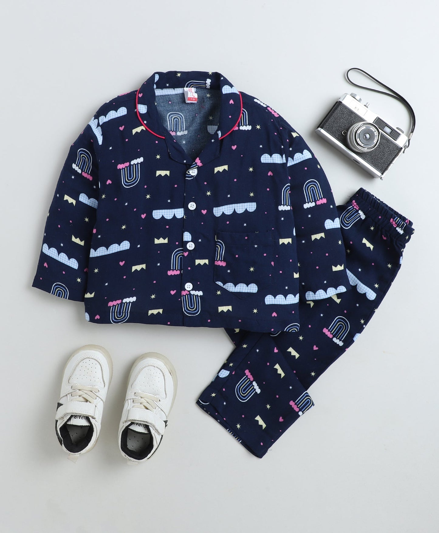 Rayon Woven Full Sleeves Rainbow Printed Coordinating Night Suit Set-Navy Blue